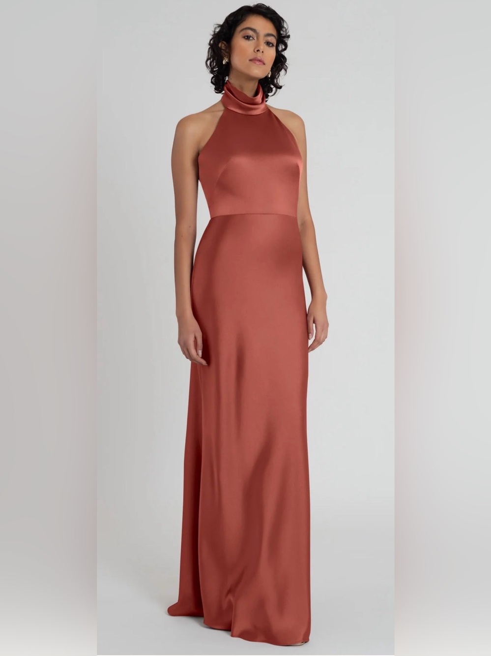 Jenny Yoo Nicole Satin High-Neck Halter Maxi Gown in English Rose